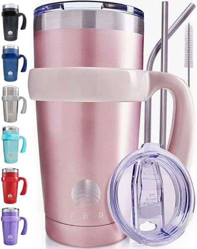 ALBOR Insulated Tumbler with Lid and Straw - 20 oz Insulated Coffee Mug with Handle, Travel Coffee Mug with 2 Lids, 2 Metal Straw, Brush and Storage Bag, Hglitter Rose Gold