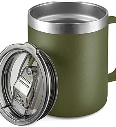 ALOUFEA 12oz Stainless Steel Insulated Coffee Mug with Handle, Double Wall Vacuum Travel Mug, Tumbler Cup with Sliding Lid, Army Green