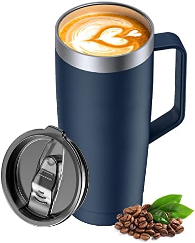 LyriFine Travel Mug with Handle, 24oz Insulated Coffee Mug with Lid, Travel Mugs for Hot and Cold Double-Wall Vacuum Stainless Steel & Sliding Lid for Daily Life, Travel, Office, Blue